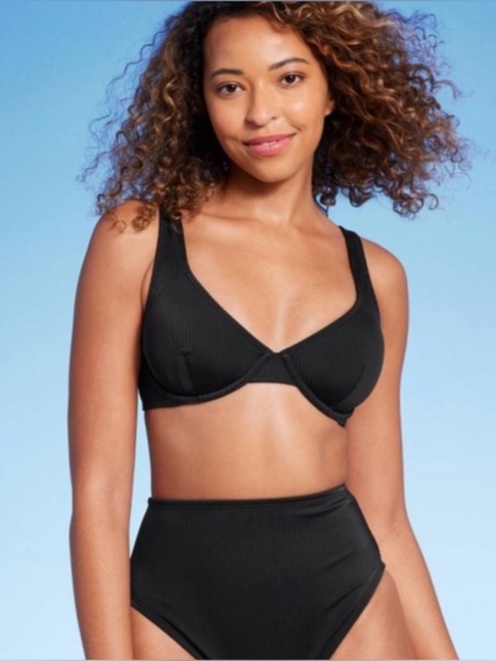 Shade and Shore Ribbed Underwire Retro Bikini Top - Black Size 36C